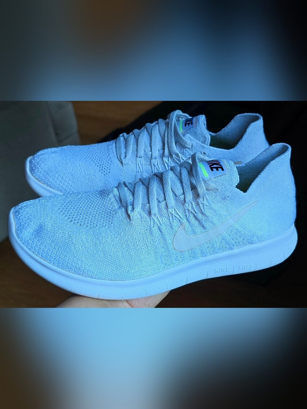 Women's Sz 9.5 NIKE FREE RN FLYKNIT 2017 'Pure Platinum/Glacier Blue' Running Sh